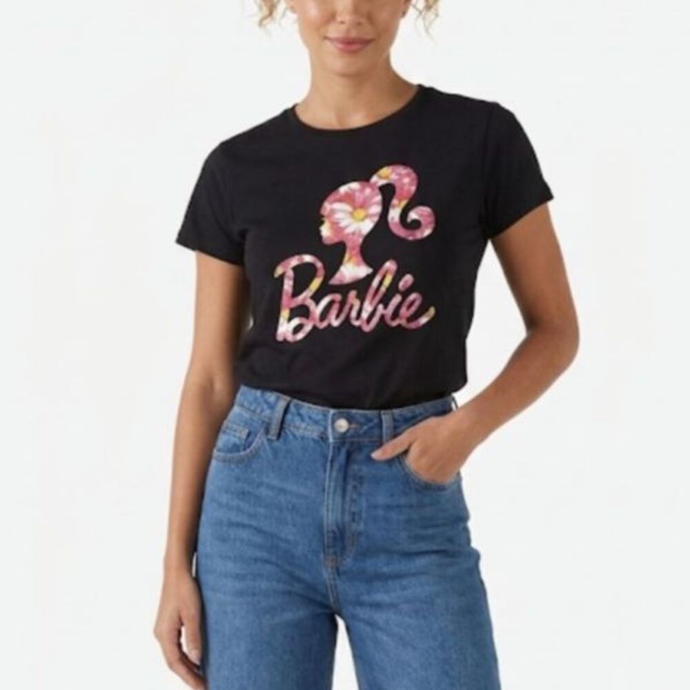 VTG Mattel Barbie Womens Black Pink Floral Graphic Logo Fitted SS T-Shirt Size L